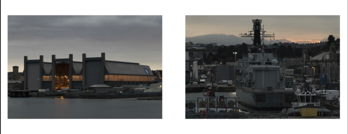 Dupla página com um edifício industrial junto à água e um navio militar atracado num estaleiro ao entardecer.